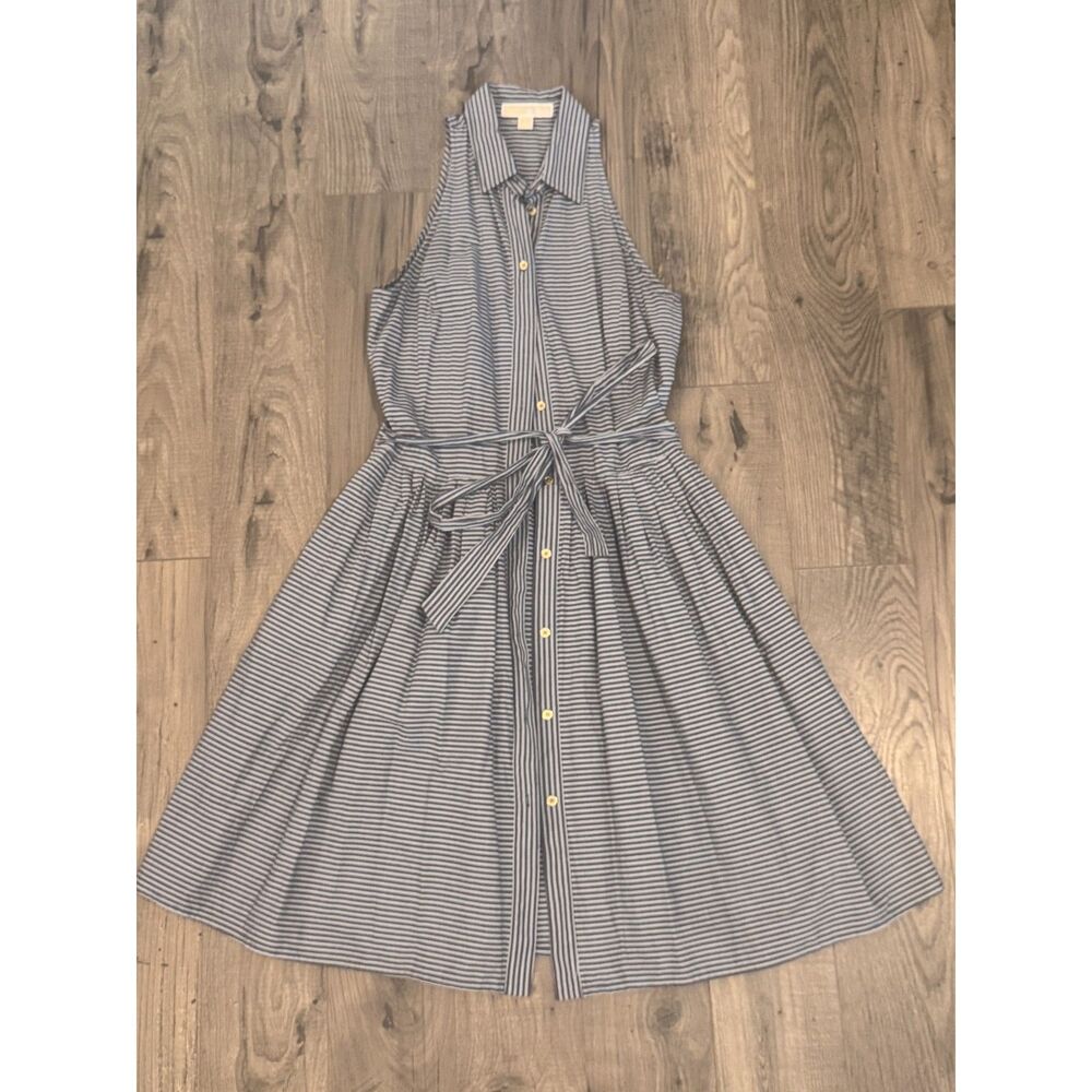 Michael Kors 4 Navy Blue White Striped Sleeveless Belted Shirt Dress Cotton